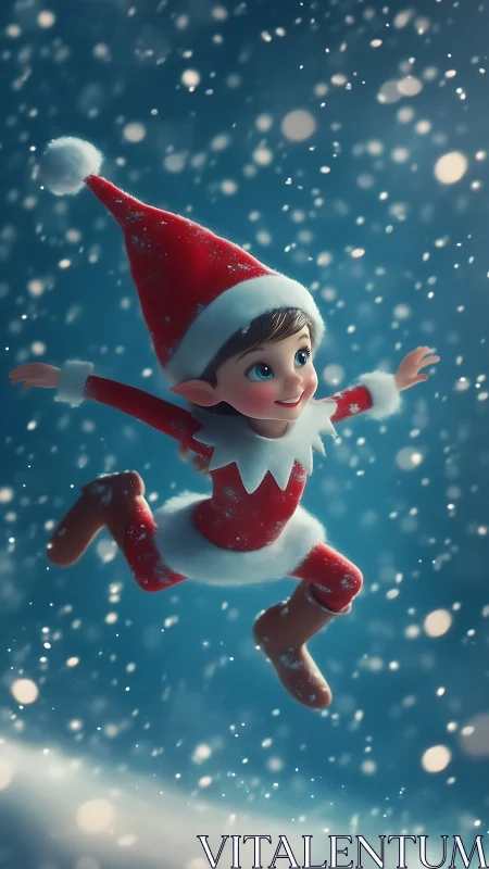 Joyful Christmas elf leaps through a softly falling snowfall