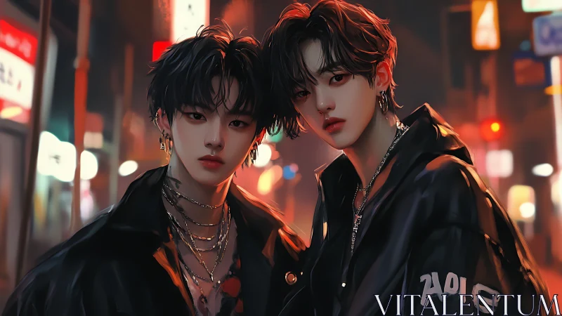 Two youths in black jackets on city street at night.