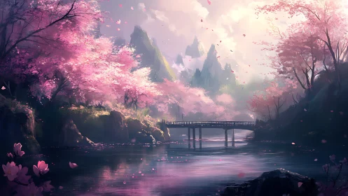 Cherry blossom bridge hushes the river beneath dream peaks