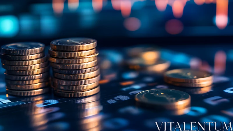 Stacked crypto coins glow over neon trading dreamscape.