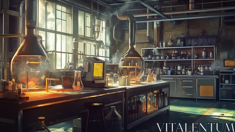 Industrial chemistry lab glows under warm morning light.