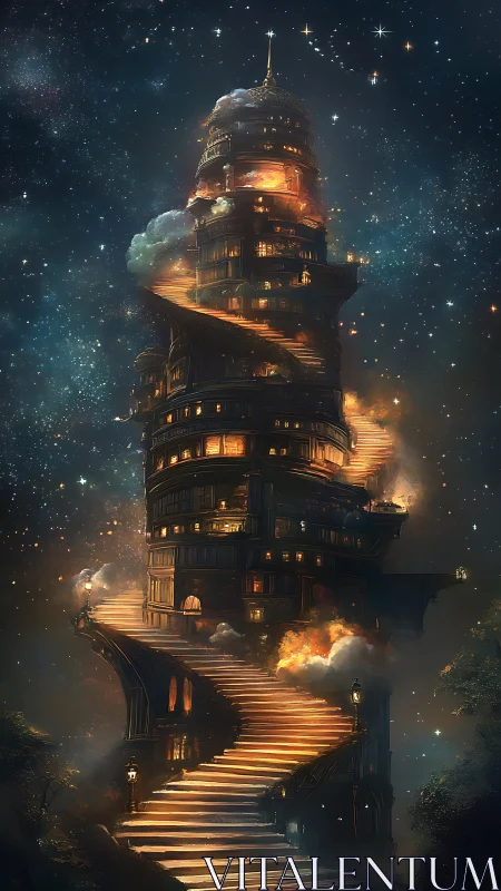 Spiral stair tower rising through stars and glowing clouds.