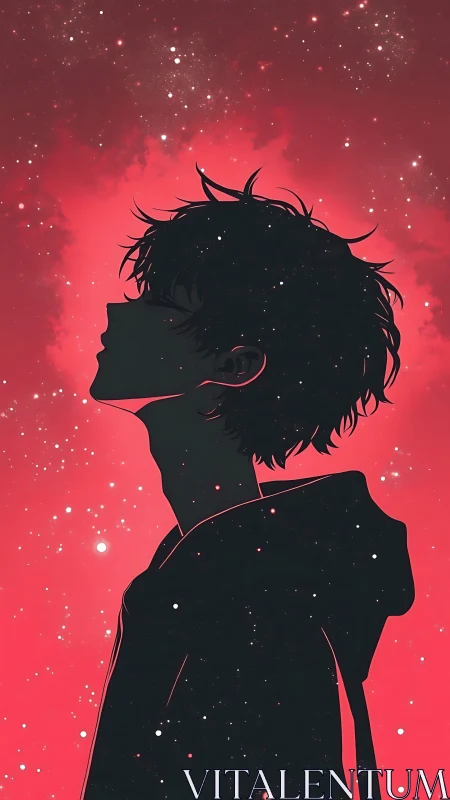 Star-dusted silhouette boy adrift in a cosmic red hush.