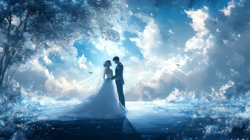 Couple in Wedding Attire Standing Together in Cloudy Sky