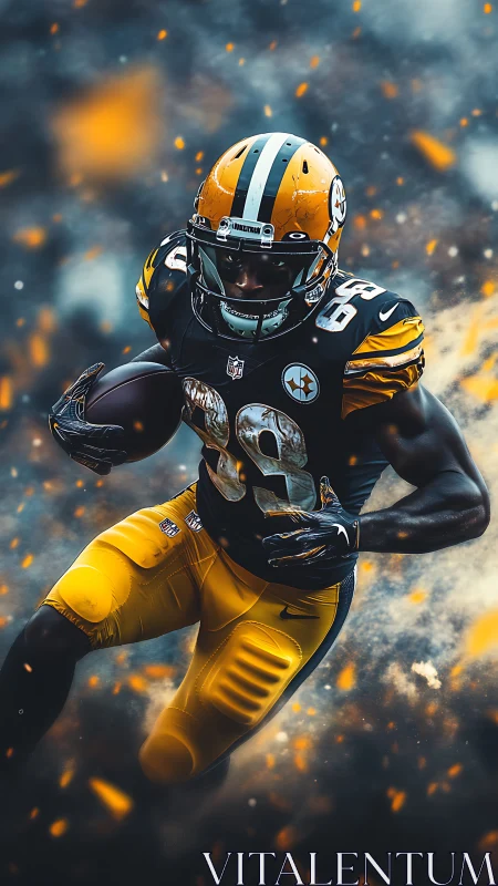 Gridiron running back in yellow-black uniform mid-stride.