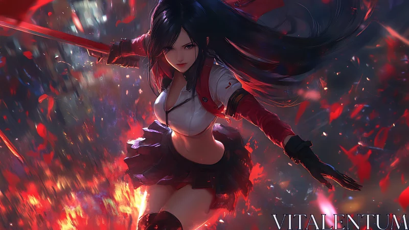 Dynamic anime swordswoman captured in high-impact battle motion