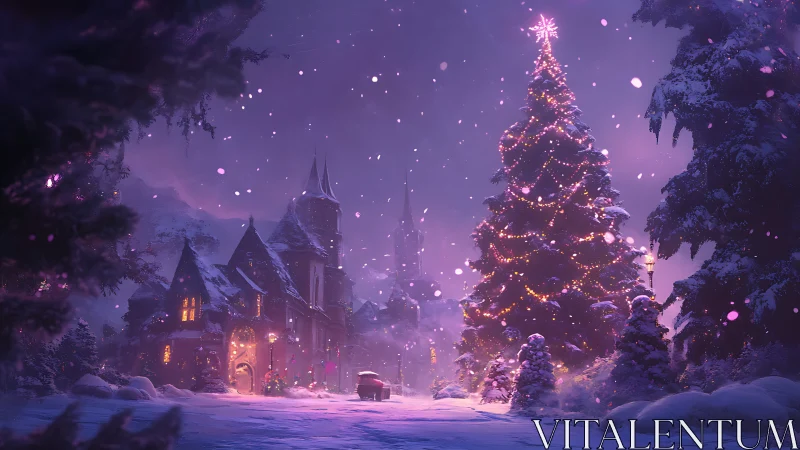 Snowy village cathedral hums beneath a glowing Christmas tree