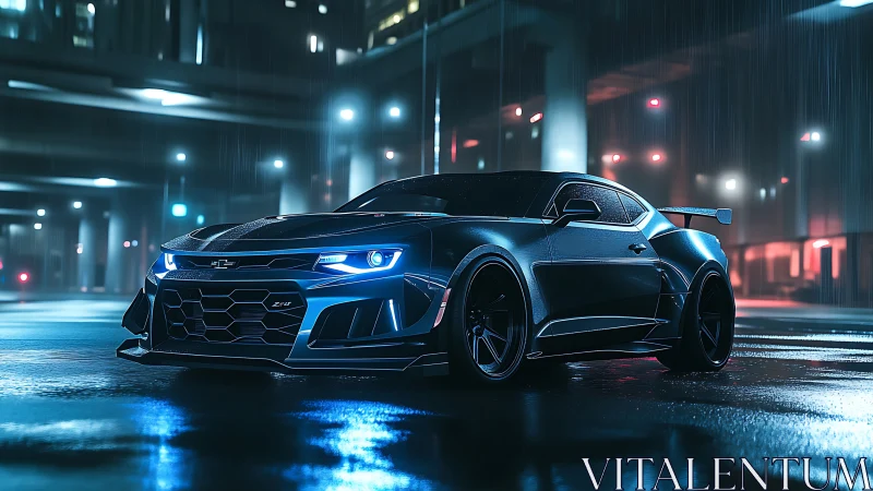 Midnight sports car stands under neon rain in wet city street