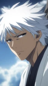 Serious white haired anime swordsman against blue sky.