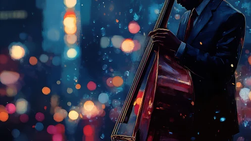 Jazz bassist plays upright bass in colorful night city