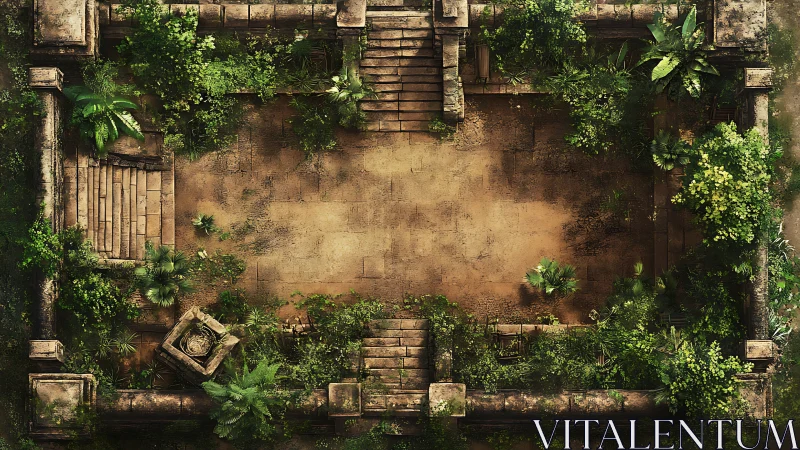 Orthographic survey of overgrown stone courtyard ruins.