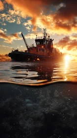 Split-level tugboat at sunset with underwater turbulence detail