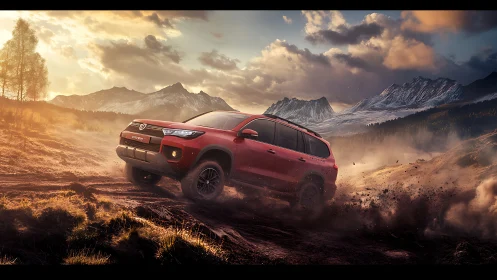 Red off-road SUV climbs rugged dirt slope under dramatic sunset