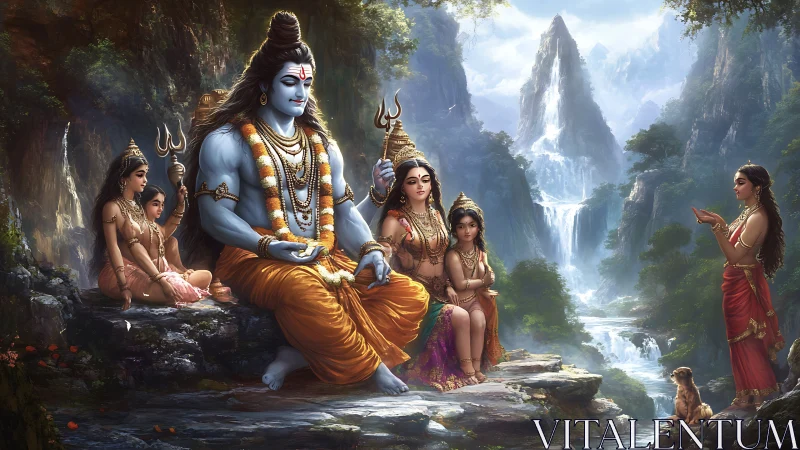 Hindu deities seated in a serene mountain landscape scene.