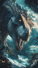 Stormlit jungle titan roars above thunderous primeval falls.