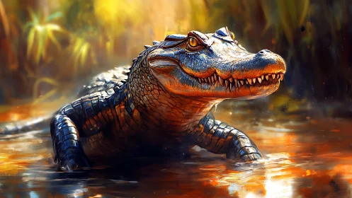 Digital alligator portrait in glowing swamp light.
