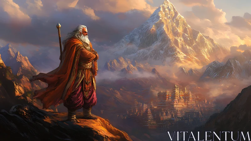Elderly robed figure overlooking mountain city landscape.