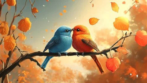 Two Colorful Birds on Autumn Branch in Soft Digital Painting Style.