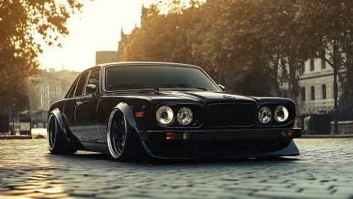 Low-slung black classic sedan is parked on cobblestone street