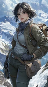 Ridgewalking heroine gazes over sunlit avalanche kingdom.