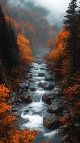 Mountain stream cutting through dense misty autumn conifer forest