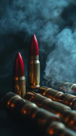 Red-tipped cartridges standing among spent brass casings.