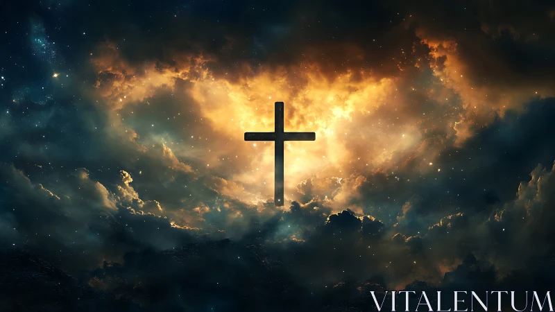 Luminous cross silhouette centered in turbulent celestial storm