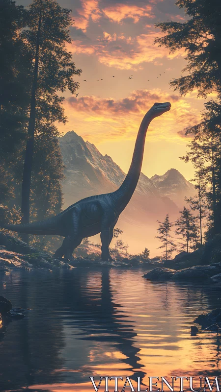 Cinematic saurian silhouette in axial forest river composition.