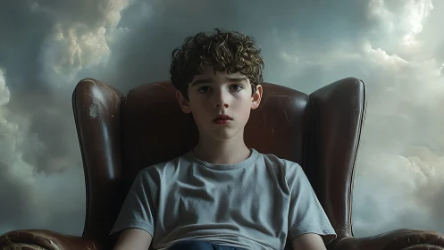 Photorealistic portrait of boy in armchair, cloud backdrop.
