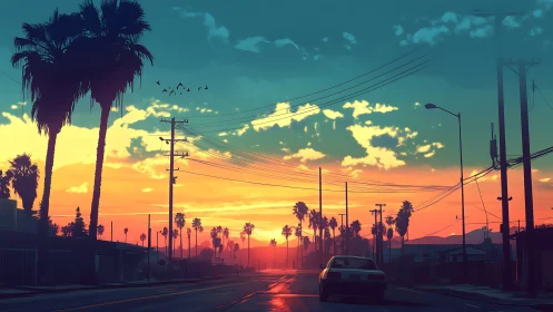 Digital painting sunset boulevard with silhouetted palms and car.