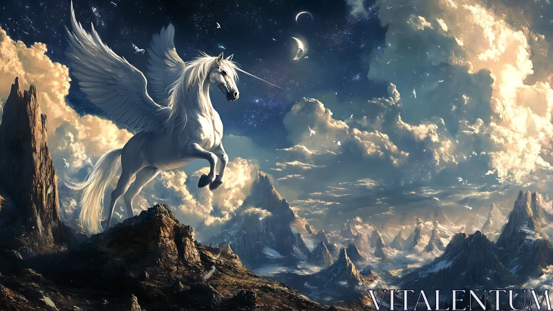 Winged white Pegasus over celestial alpine landscape.