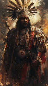 Ember-bright war chief stands wrapped in storm-scarred feathers