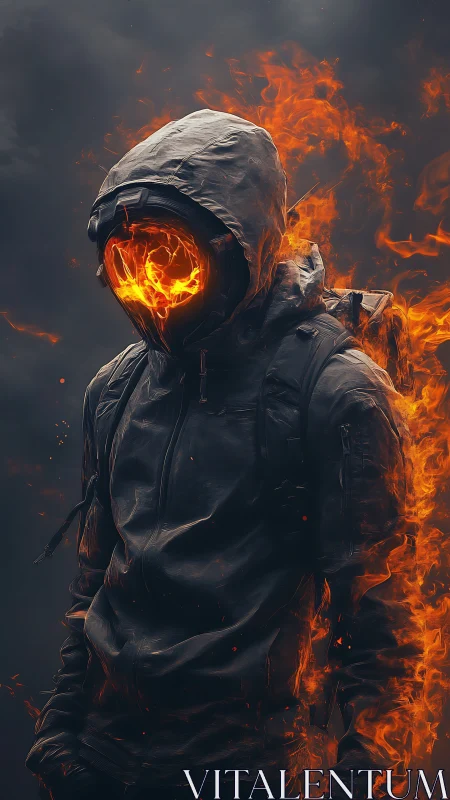 Urban fire spirit walks through smoke in a blazing hoodie