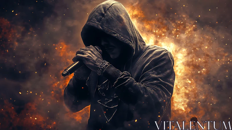 Hooded rapper holding microphone amid fiery smoke backdrop.