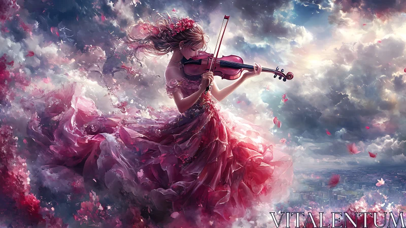 Violinist in crimson storm, petals swirling over cityscape.