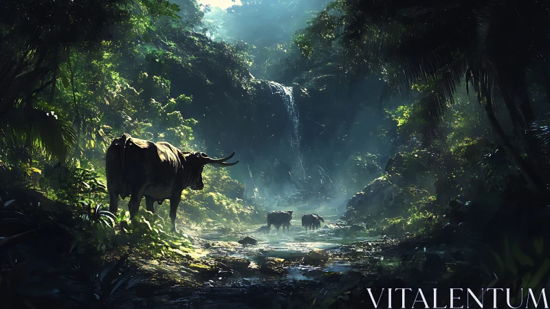 Wild cattle cross misted rainforest pool below waterfall.