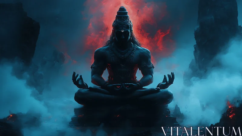 Meditating deity figure in volcanic blue and red mist.