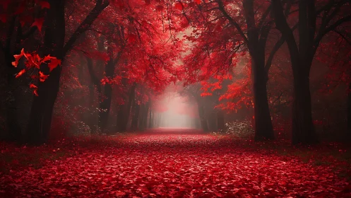 Crimson Canopy: Forest Path Blazing in Autumn's Red Spell.