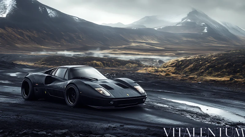 Midnight sports car pauses boldly on a misty mountain road