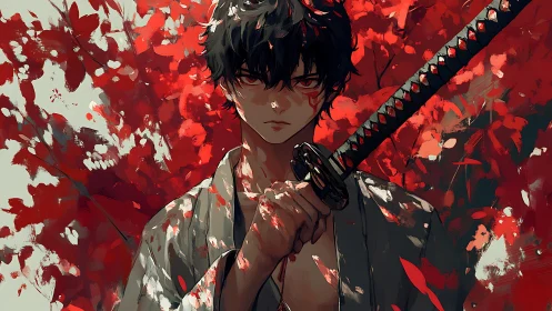 Scarlet leaves circle the silent swordsman’s steady gaze