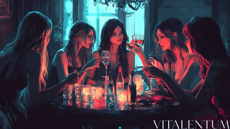 Neon wine circle glows with candlelit midnight secrets.