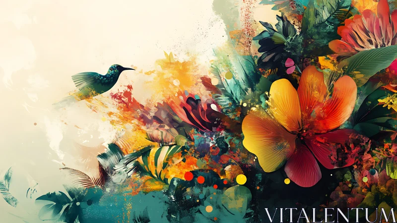 Digital hummingbird over abstract tropical bloom explosion.