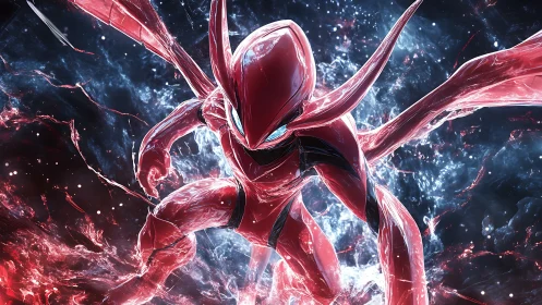 High-energy crystalline mech creature in cosmic impact field.