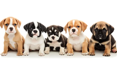 Sweet row of soulful puppies sharing one cozy moment.