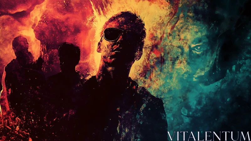 Moody silhouettes glowing in fiery neon twilight haze.