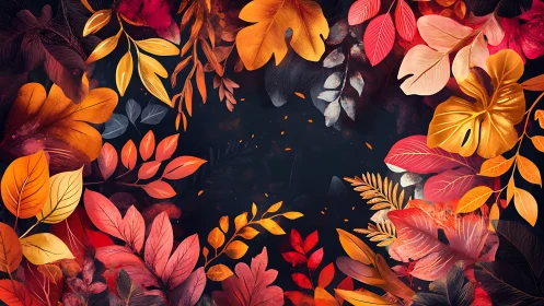 Autumn foliage frame surrounding dark central background.