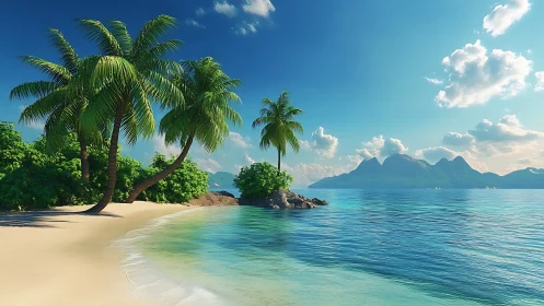 Tropical Coastal Landscape with Coconut Palms and Mountain Vista.