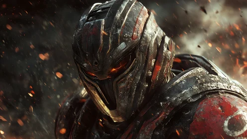 Battle worn sci fi warrior glowing in swirling embers.