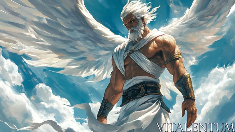 Storm-browed sky guardian draped in sunlit marble clouds.