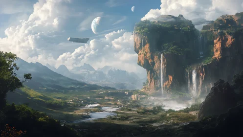 Futuristic alien valley with cliffs, waterfalls, and moons.